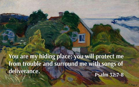 Bible Verse Quote Psalm 32:7-8, Edvard Munch - The House by the Fjord Black Ornate Wood Framed Art Print with Double Matting by ArtsyQuotes