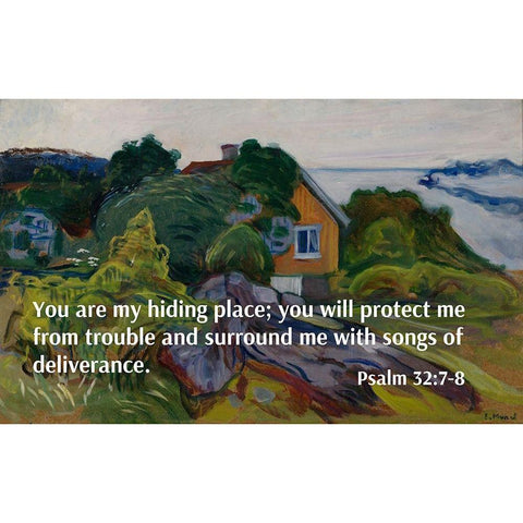 Bible Verse Quote Psalm 32:7-8, Edvard Munch - The House by the Fjord White Modern Wood Framed Art Print by ArtsyQuotes