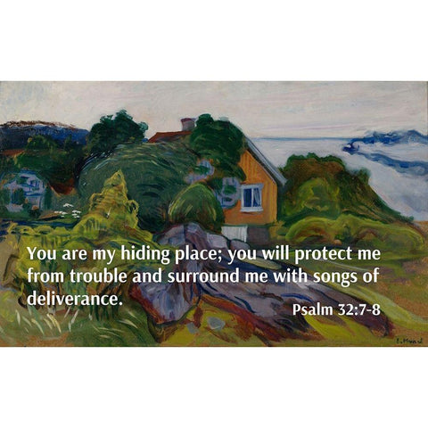 Bible Verse Quote Psalm 32:7-8, Edvard Munch - The House by the Fjord Black Modern Wood Framed Art Print with Double Matting by ArtsyQuotes