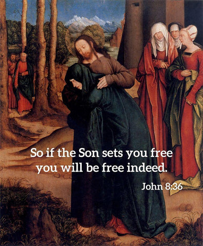 Bible Verse Quote John 8:36, Bernhard Strigel - Christ Taking Leave of His Mother White Modern Wood Framed Art Print with Double Matting by ArtsyQuotes