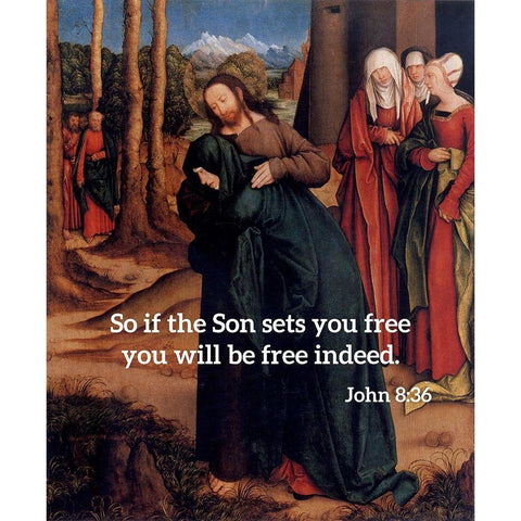 Bible Verse Quote John 8:36, Bernhard Strigel - Christ Taking Leave of His Mother White Modern Wood Framed Art Print by ArtsyQuotes