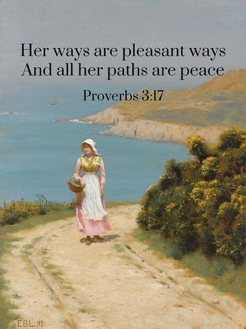 Bible Verse Quote Proverbs 3:17, Edmund Blair Leighton - Girl on a Coastal Path White Modern Wood Framed Art Print with Double Matting by ArtsyQuotes