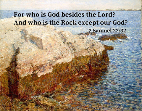 Bible Verse Quote 2 Samuel 22:32, Childe Hassam - Cliff Rock Black Ornate Wood Framed Art Print with Double Matting by ArtsyQuotes