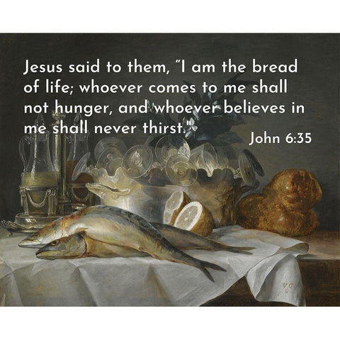 Bible Verse Quote John 6:35, Anna Vallayer Coster - A Still Life of Mackerel Glassware Gold Ornate Wood Framed Art Print with Double Matting by ArtsyQuotes