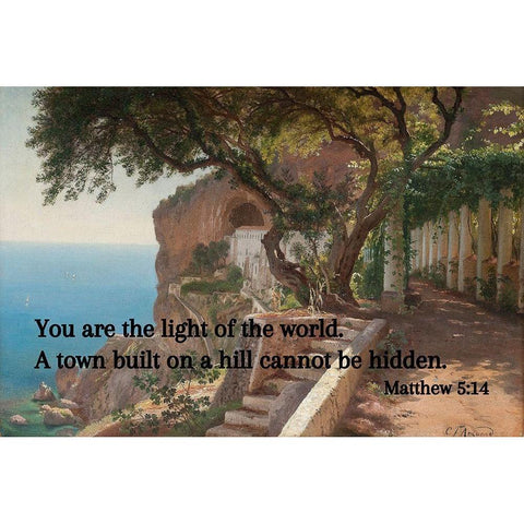 Bible Verse Quote Matthew 5:14, Carl Fredrik Aagard - Pergola in Amalfi White Modern Wood Framed Art Print by ArtsyQuotes