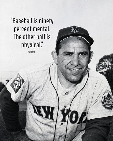 Yogi Berra Quote: Ninety Percent Mental Black Ornate Wood Framed Art Print with Double Matting by ArtsyQuotes