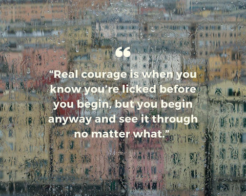 Harper Lee Quote: Real Courage Black Ornate Wood Framed Art Print with Double Matting by ArtsyQuotes