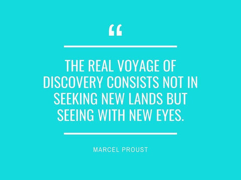 Marcel Proust Quote: The Real Voyage White Modern Wood Framed Art Print with Double Matting by ArtsyQuotes