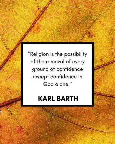 Karl Barth Quote: Religion Black Ornate Wood Framed Art Print with Double Matting by ArtsyQuotes