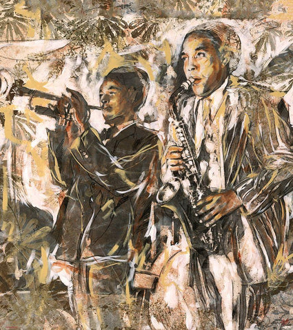 Jazz Two Figures White Modern Wood Framed Art Print with Double Matting by Wiley, Marta