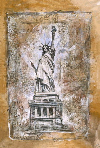 Statue Of Liberty different border White Modern Wood Framed Art Print with Double Matting by Wiley, Marta