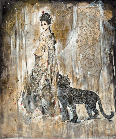 Golden Geisha Black Ornate Wood Framed Art Print with Double Matting by Wiley, Marta