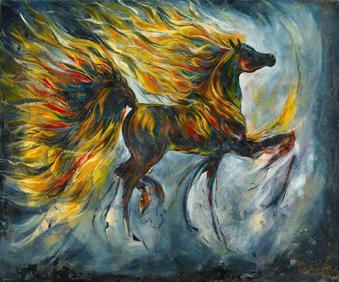 Horse On Fire Bright Colors Black Ornate Wood Framed Art Print with Double Matting by Wiley, Marta