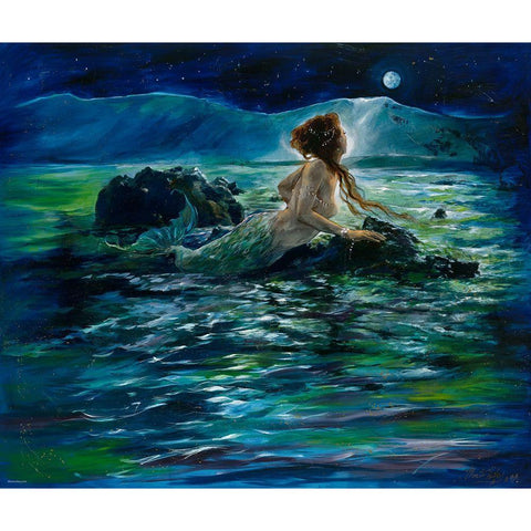 Blue Green Mermaid Black Modern Wood Framed Art Print with Double Matting by Wiley, Marta