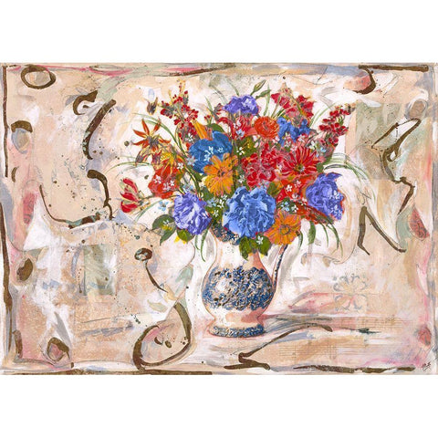 Blue Red Flowers Black Modern Wood Framed Art Print with Double Matting by Wiley, Marta