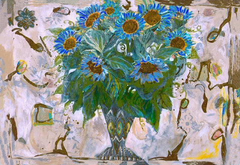 Blue and Orange Floral White Modern Wood Framed Art Print with Double Matting by Wiley, Marta