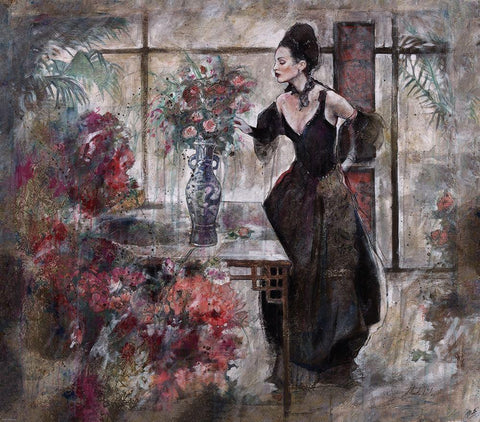 Floral and Figure Black Ornate Wood Framed Art Print with Double Matting by Wiley, Marta