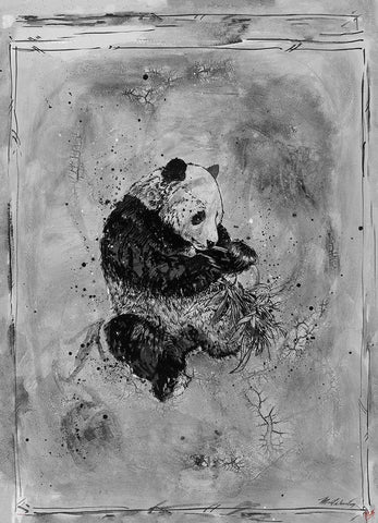 Panda Black and White Black Ornate Wood Framed Art Print with Double Matting by Wiley, Marta