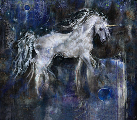 Unicorn- Blue White Modern Wood Framed Art Print with Double Matting by Wiley, Marta