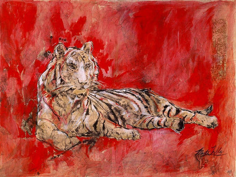 Red Tiger White Modern Wood Framed Art Print with Double Matting by Wiley, Marta