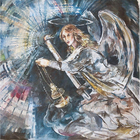 Angel With Candle Black Modern Wood Framed Art Print with Double Matting by Wiley, Marta