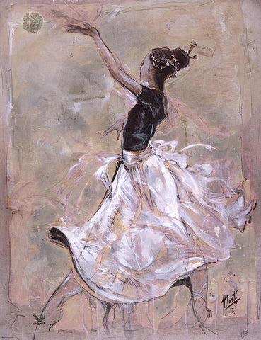 Dancer On Linen- Light Black Ornate Wood Framed Art Print with Double Matting by Wiley, Marta