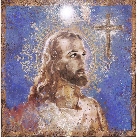 Jesus Rock Star Blue Gold Ornate Wood Framed Art Print with Double Matting by Wiley, Marta