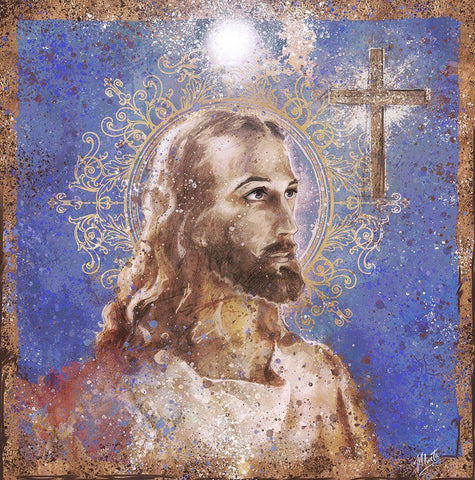 Jesus Rock Star Blue White Modern Wood Framed Art Print with Double Matting by Wiley, Marta