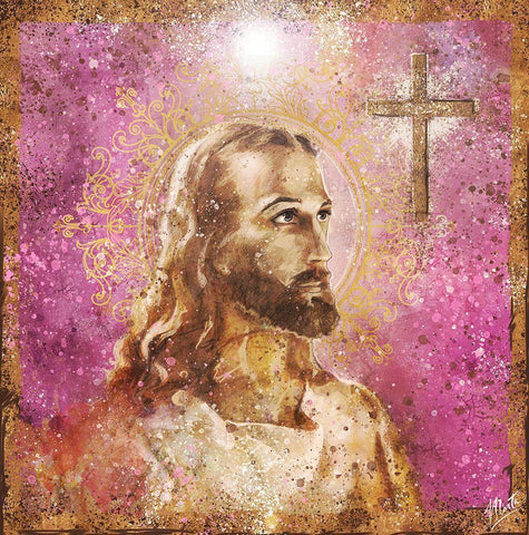 Jesus Rock Star Pink Black Ornate Wood Framed Art Print with Double Matting by Wiley, Marta