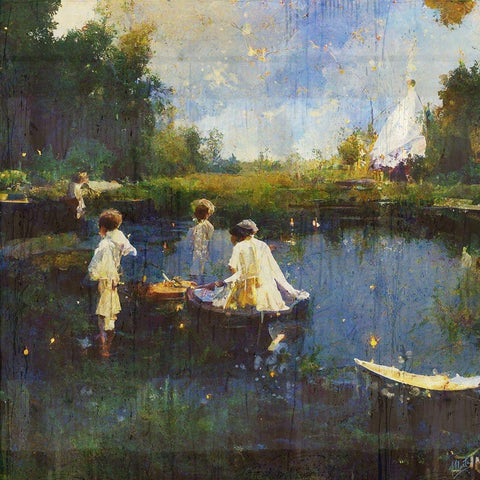 Children playing with boats I Gold Ornate Wood Framed Art Print with Double Matting by Wiley, Marta