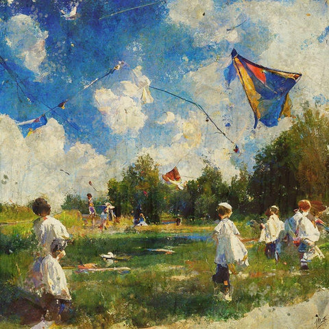 Children Playing With Kites I Gold Ornate Wood Framed Art Print with Double Matting by Wiley, Marta