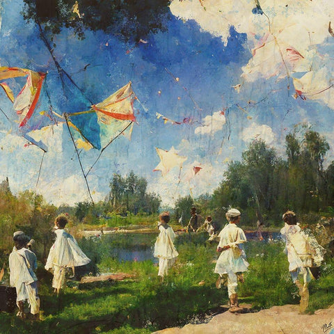 Children Playing With Kites II White Modern Wood Framed Art Print by Wiley, Marta