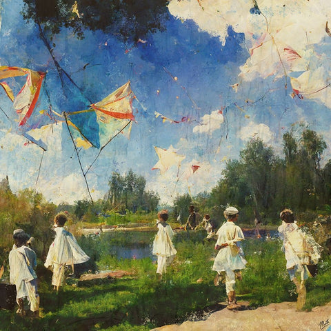 Children Playing With Kites II Black Ornate Wood Framed Art Print with Double Matting by Wiley, Marta