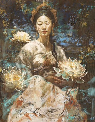 Kuan Yin Lotus White Modern Wood Framed Art Print with Double Matting by Wiley, Marta