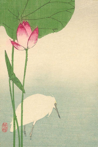 White heron and lotus, 1894 Black Ornate Wood Framed Art Print with Double Matting by Baison