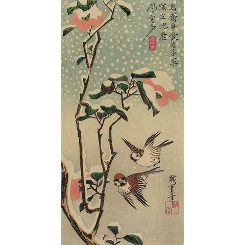 Sparrows and camellias in snow., 1840 Gold Ornate Wood Framed Art Print with Double Matting by Hiroshige, Ando