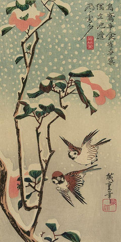 Sparrows and camellias in snow., 1840 Black Ornate Wood Framed Art Print with Double Matting by Hiroshige, Ando