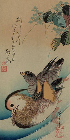 Mandarin ducks, 1840 White Modern Wood Framed Art Print with Double Matting by Hiroshige, Ando