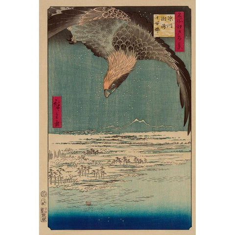 Hawk flying above a snowy landscape along the coastline., 1857 Black Modern Wood Framed Art Print with Double Matting by Hiroshige, Ando