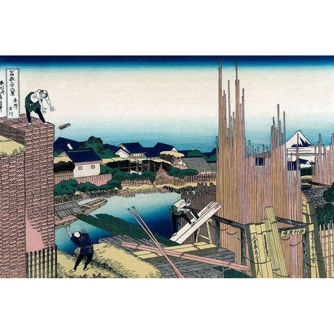 Honjo Tatekawa, the Timber yard at Honjo, 1830 Black Modern Wood Framed Art Print by Hokusai