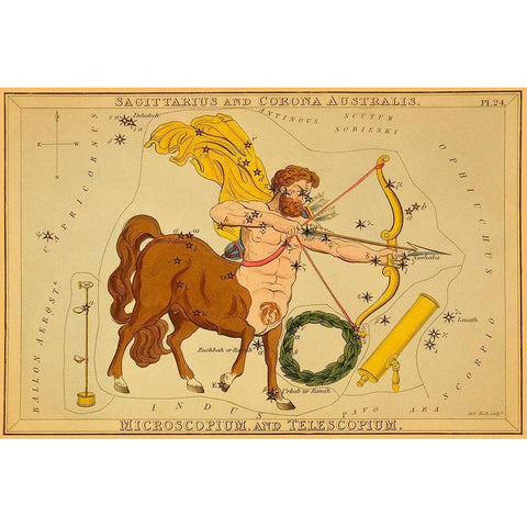 Sagittarius and Corona Australis, Microscopium, and Telescopium, 1825 White Modern Wood Framed Art Print by Aspin, Jehoshaphat