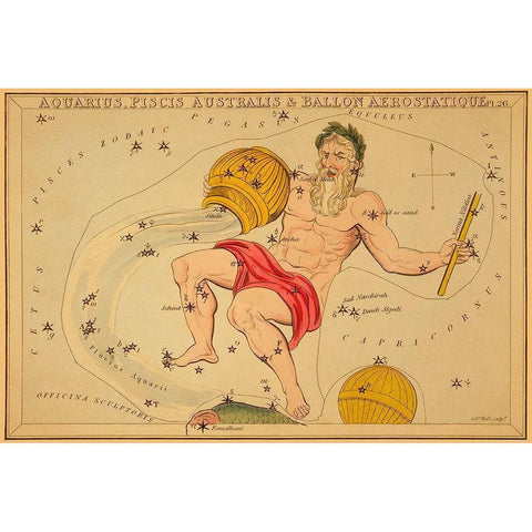 Aquarius, Piscis Australis and Ballon Aerostatique, 1825 Black Modern Wood Framed Art Print by Aspin, Jehoshaphat