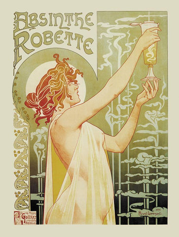 Absinthe Rebette Black Ornate Wood Framed Art Print with Double Matting by Livemont, Privat