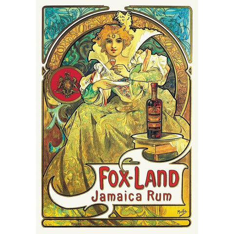 Fox-Land Jamaica Rum, 1897 Gold Ornate Wood Framed Art Print with Double Matting by Mucha, Alphonse