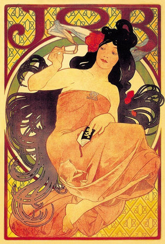 Job White Modern Wood Framed Art Print with Double Matting by Mucha, Alphonse