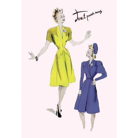 Knee-Length Dresses in Blue and Yellow, 1947 White Modern Wood Framed Art Print by Unknown