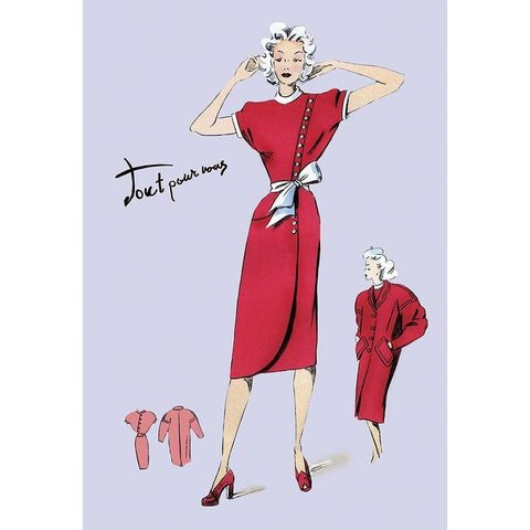 Red Dress with Matching Overcoat, 1947 Black Modern Wood Framed Art Print with Double Matting by Unknown