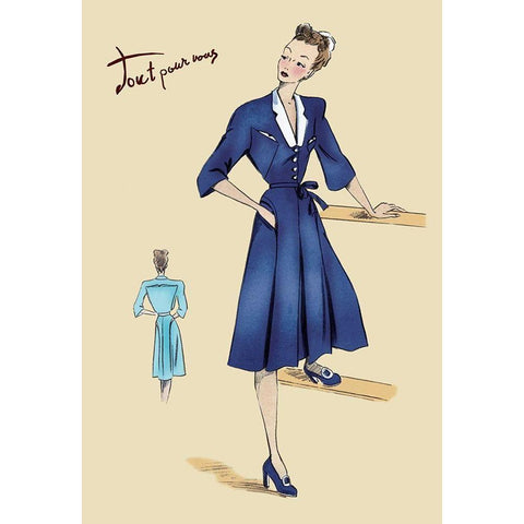 Blue Daytime Dress with Collar and Belt, 1947 White Modern Wood Framed Art Print by Unknown