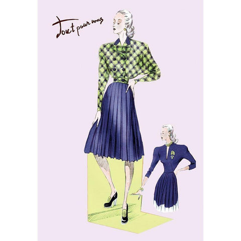 Pleated Dress with Plaid Jacket, 1947 Gold Ornate Wood Framed Art Print with Double Matting by Unknown