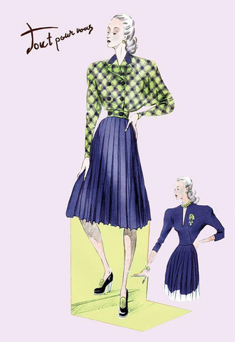 Pleated Dress with Plaid Jacket, 1947 White Modern Wood Framed Art Print with Double Matting by Unknown